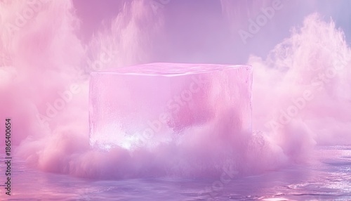 A translucent pink cube floats above a serene body of water, surrounded by soft, fluffy clouds in pastel colors. The scene evokes a dreamlike atmosphere.