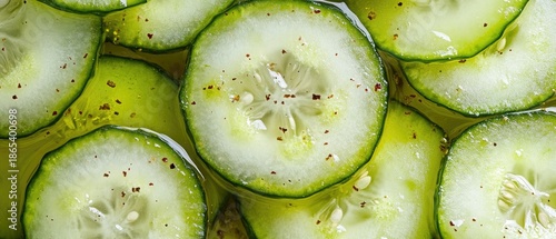 Fresh cucumber slices arranged in a circular pattern. The green skin and light flesh are visible, showcasing the seeds and texture.