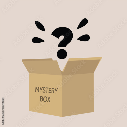 Open Mystery Box Illustration with Question Mark Symbol, Cardboard Surprise Package Vector, Secret Gift Delivery Concept, Hidden Product Reveal Icon for Marketing and E-commerce Promotional Giveaways