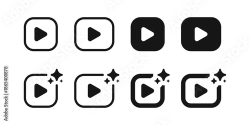 Creative video play button icon set with sparkles and magic effects in outline and solid styles for multimedia, video streaming, content creation, and media apps