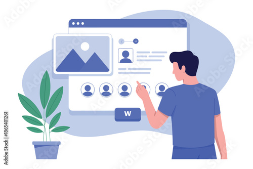 A man interacting with a large computer screen displaying a profile page with various icons and a plant nearby.