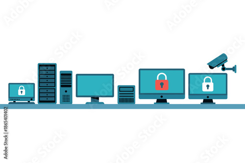 A collection of computer devices with padlocks on the screens, symbolizing cybersecurity and data protection.