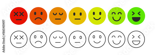 Colorful feedback emoji faces, emoticons ranging from happy to sad, for surveys, rating systems, user feedback, and UI elements as a rating scale or for collecting feedback on satisfaction and mood