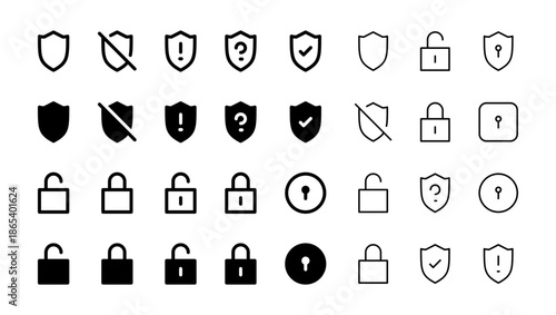 Security and protection icon set featuring shield, lock, and privacy symbols for data safety and cyber security