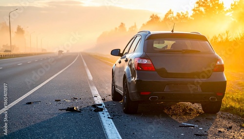 A black car sits on the shoulder of a highway bathed in morning sunlight