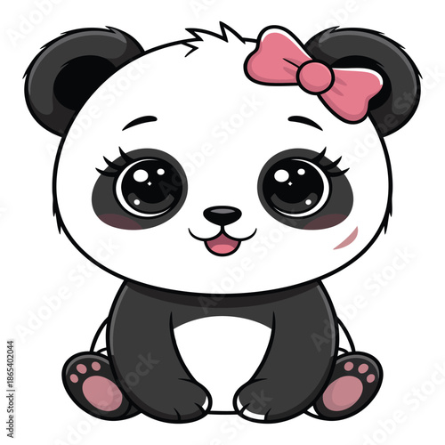 Charming Panda Bear Cub Cartoon Illustration with a Pink Bow sweet and playful animal art for children's books and cute design projects