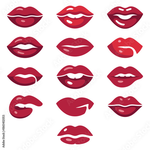 Collection of red glossy woman lips with different shapes and makeup styles on white background vector illustration mouth expression beauty concept