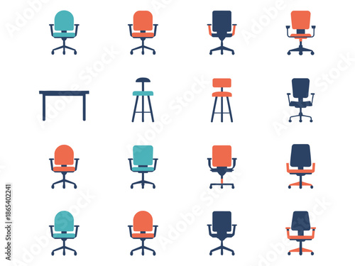 A collection of various office chairs and desks in different colors and styles on a white background