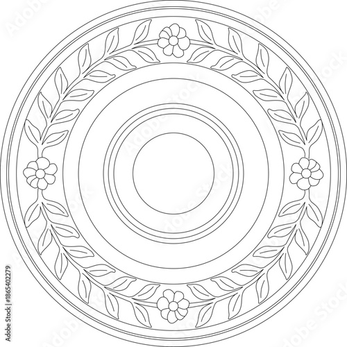 Ornate vector of a circular ceiling rosette, featuring a floral wreath border with symmetrical flower and leaf decorations.