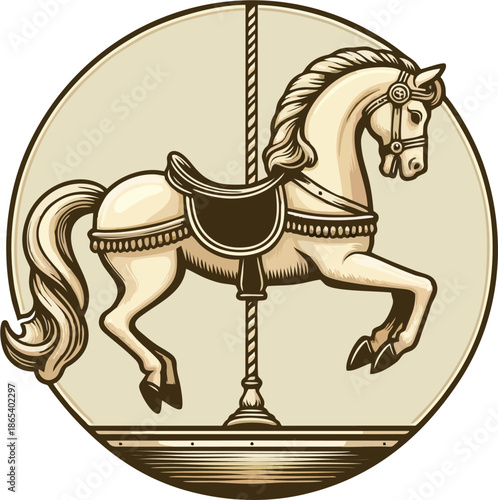 Vintage carousel horse vector in beige circle frame, sepia toned merry-go-round pony with ornate golden saddle for retro carnival logo and fairground icons