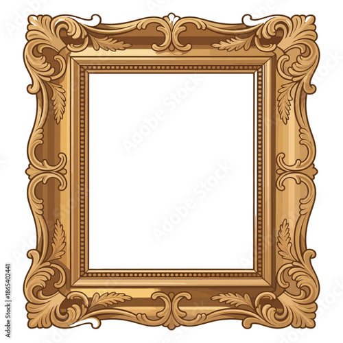 Vintage antique golden ornate picture frame with floral ornaments for artwork or portrait vector illustration retro decoration home decor