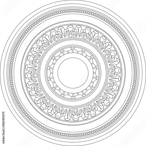 Technical vector of a circular ceiling rosette, featuring multi-layered classical moldings and intricate ornamental rings.
