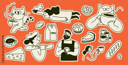 Vector doodle sketchy hand-drawn illustrations and icons, specialty coffee shop and bakery badge and stickers, logo templates and design elements
