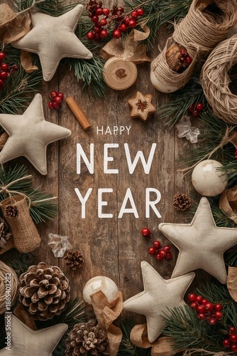 Festive New Year decoration with stars, pine cones, and natural elements on a rustic wooden background