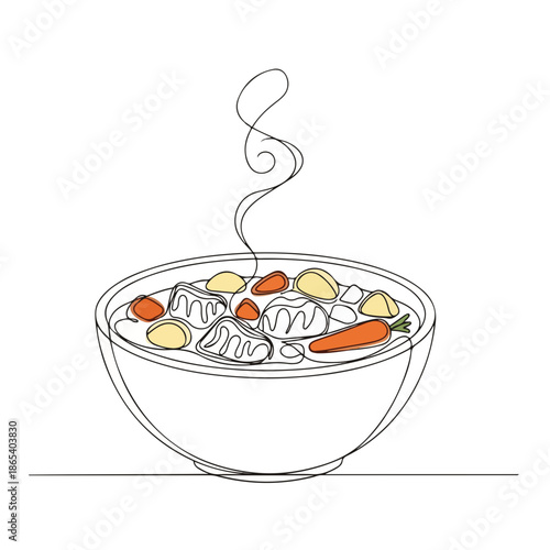 Cozy winter soup bowl with steaming vegetables and noodles, showcasing carrots, potatoes, and rich broth. Comfort food scene emphasizes warmth and relaxation with flavorful hot food for chilly days.