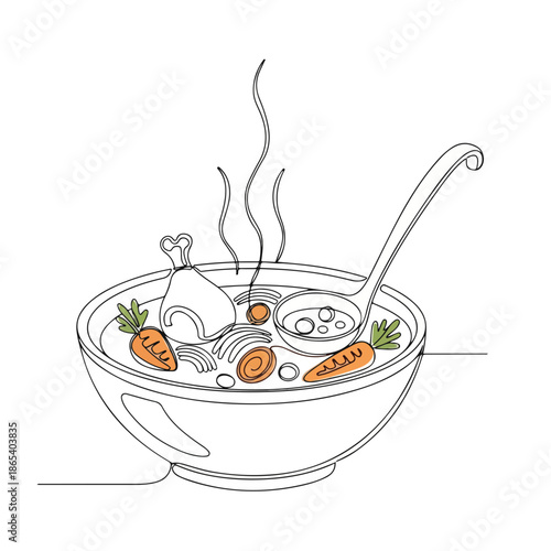 Delicious comfort food bowl with steaming chicken soup, carrots, and herbs for cozy winter dining. This warm hot food includes tender chicken, vibrant vegetables, and savory broth,