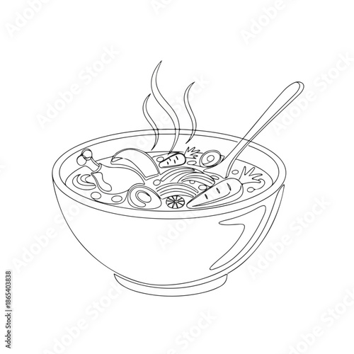 Delicious hot soup bowl with steaming broth, fresh vegetables, and noodles in a cozy dining setting. Hot soup is comforting and ideal for cold days,