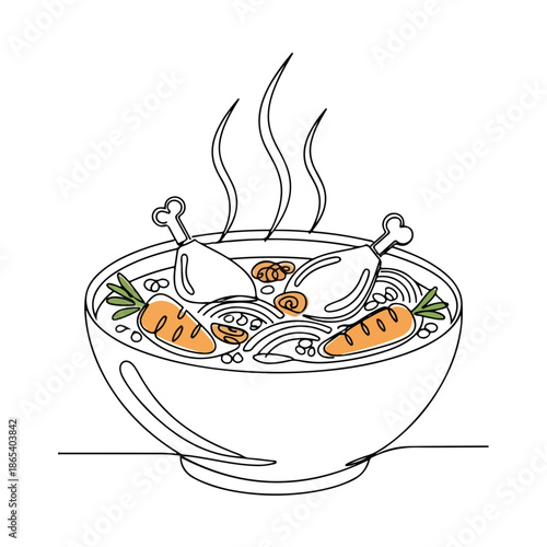 Delicious chicken soup with vegetables and noodles in bowl creating warm atmosphere. Chicken soup features tender meat, fresh carrots, and flavorful broth elevating cozy food experience.