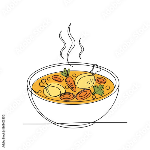 Warm comfort food bowl with chicken, vegetables, and steaming broth. This cozy food showcases colorful ingredients like carrots and herbs, offering satisfaction for chilly days.