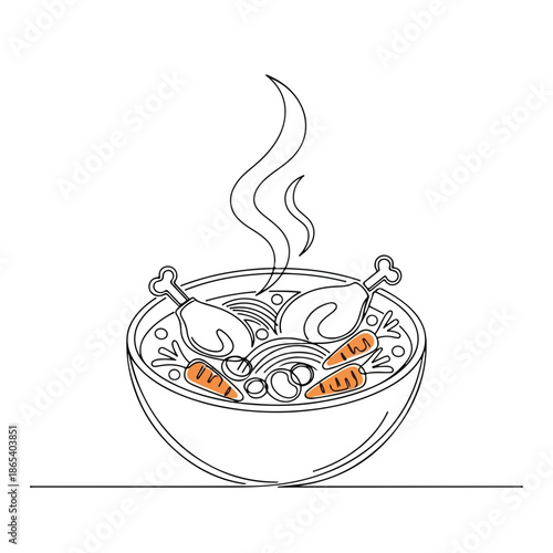 Hot chicken soup with carrots and steaming broth in a bowl. Cozy chicken soup includes flavorful ingredients such as tender chicken and fresh vegetables.