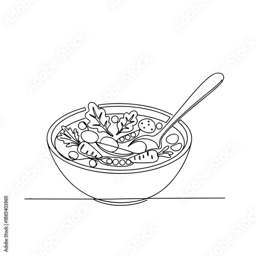 Line drawing of vegetable soup in bowl with spoon and fresh ingredients, showcasing cozy comfort food made with carrots, peas, and leafy greens. Ideal for recipes and food blogs about healthy eating.