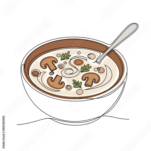 Creamy mushroom soup in a bowl with herbs and spoon resting on the side. Delicious creamy mushroom soup features fresh ingredients like mushrooms and spices topped with herbs.