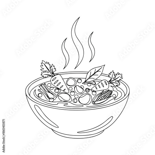 Warm bowl of comforting soup with fresh vegetables and herbs garnishing. Cozy dish includes carrots, corn, and leafy greens, steaming gently to evoke warmth and comfort, ideal for seasonal recipes.