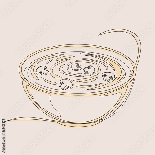 Cozy soup bowl with steaming warm food featuring mushrooms and savory broth. Inviting textures and delicious flavors create a comforting meal in culinary arts.