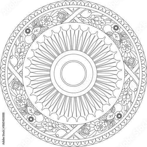 Ornate vector of a circular ceiling medallion, featuring a detailed sunflower center and a lush floral garland border.