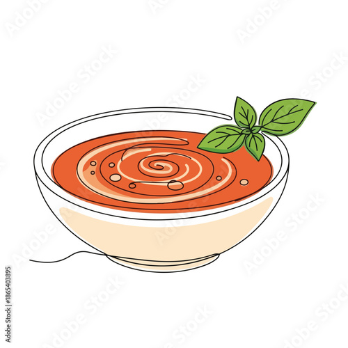 Delicious tomato soup bowl garnished with fresh basil leaves and drizzled with cream. Tomato soup showcases vibrant red color, inviting texture, and comforting aroma.