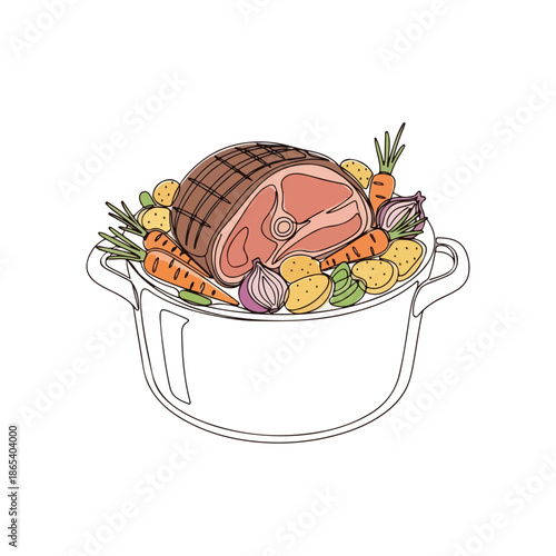 Delicious comfort food with roasted meat, carrots, potatoes, and onions in pot. Cozy food features hearty ingredients including flavorful meat, fresh vegetables, and herbs.