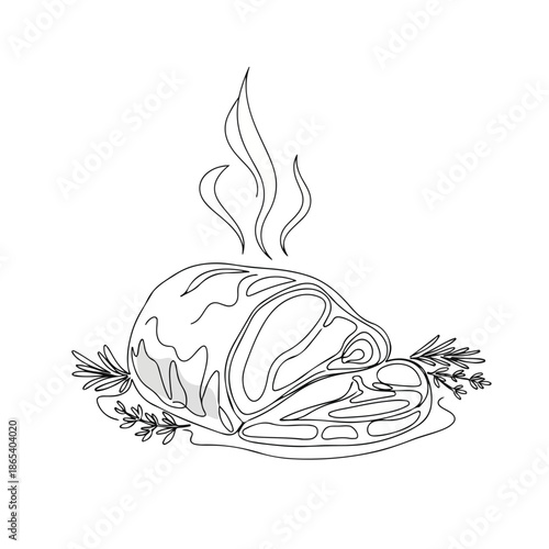 Exquisite meat dish with steam rising and fresh herbs on the plate. Deliciously cooked meat is surrounded by fragrant herbs, adding aroma and flavor. Ideal for food blogs and culinary promotions.