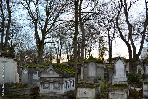 Tableau sur toile An ancient stone tomb covered with green moss among other graves on a cloudy day