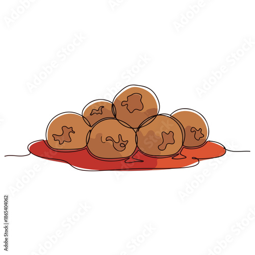 Warm comfort food illustration with round savory items resting on vibrant red sauce. Cozy comfort food includes rich, warm ingredients, perfect for chilly weather.