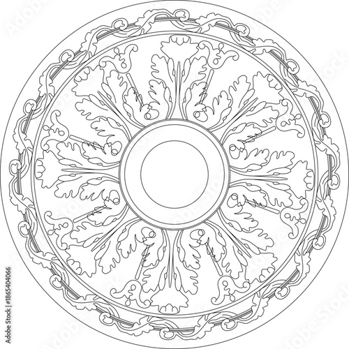 Ornate vector of a circular ceiling rosette, featuring intricate acanthus leaf scrolls and symmetrical floral decorations.