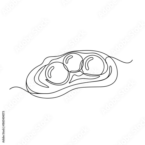 Continuous line art of three fried eggs drawing, a simple minimalist design featuring yolks and whites. Delicious fried eggs drawing for breakfast menus, food blogs, or cafe branding,
