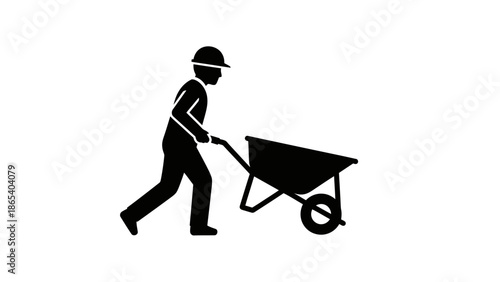 Worker pushing a wheelbarrow with construction materials.