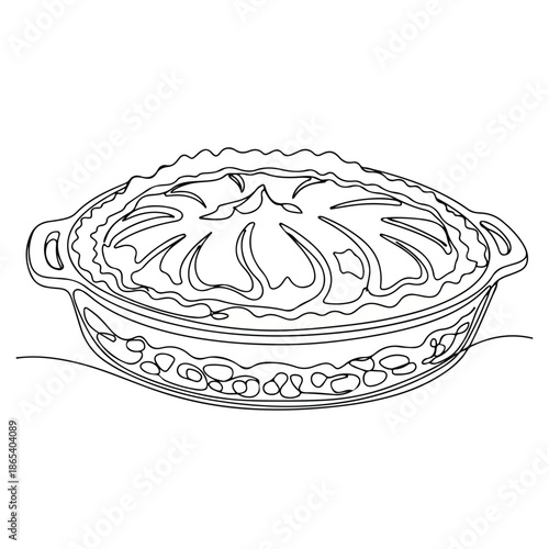 Minimal baked pie, continuous line drawing of homemade dessert in round baking dish with scalloped crust. Baked pie graphic embodies cozy food, hot food, comfort food, providing baked pie for menus.