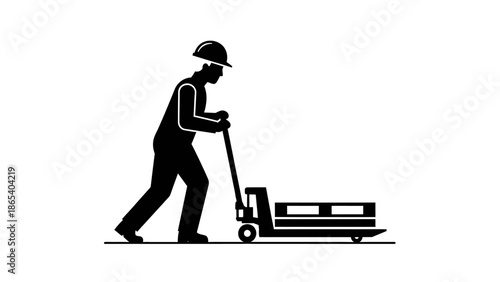 Warehouse worker pushing pallet jack with cargo.