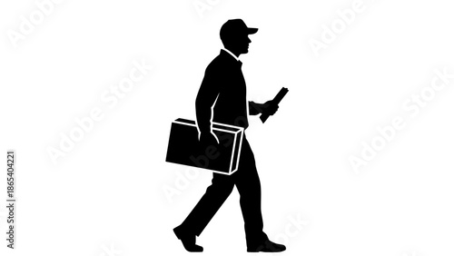 Silhouette illustration of a businessman on the move with briefcase and mobile phone.