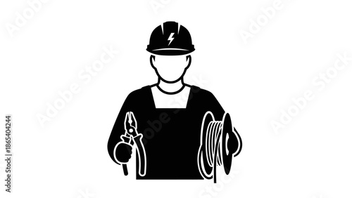 Electrician worker with safety helmet and tools.