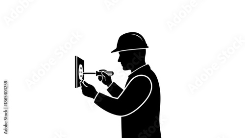 Silhouette of a construction worker using a drill on a wall.