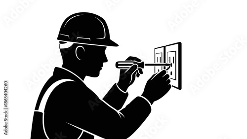 Electrician working on electrical panel with screwdriver.