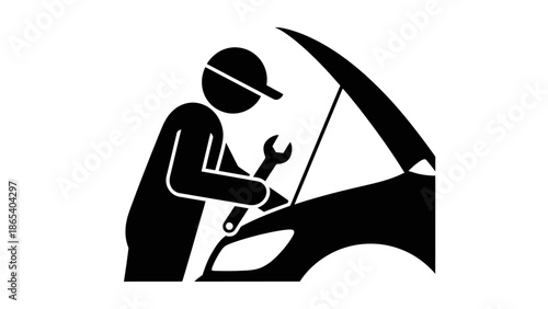 Mechanic repairing a car engine with a wrench.