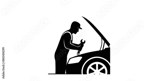 Page silhouette of a man inspecting a car with the hood open.