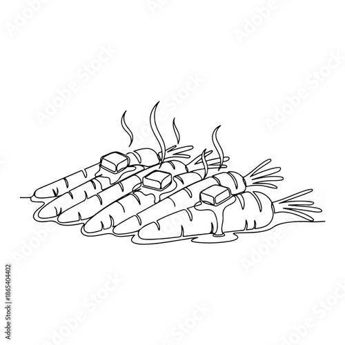 Steaming glazed carrots with melting butter on white background. Minimalist continuous line art portrays hot carrots, a delicious winter food. Cozy glazed carrots illustration for comfort food blog,