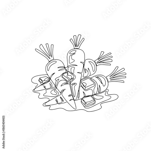 Glazed carrots, simple continuous line art drawing, featuring fresh root vegetables with melting butter or sweet sauce. Delicious glazed carrots illustration for healthy recipe articles,