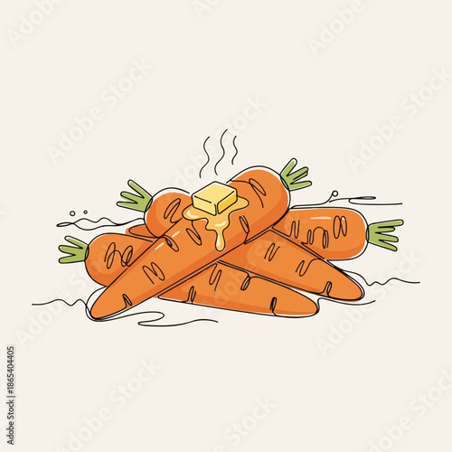 Line art illustration shows comfort food, steaming carrots with melting butter on simple background. Wholesome comfort food, sweet root vegetables, creamy butter provide warmth.