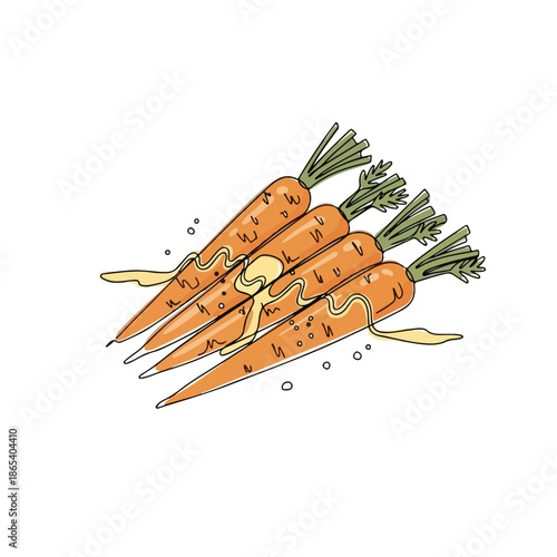 Delicious glazed carrots topped with savory butter or sauce, fresh vegetables prepared for mealtime. Sweet glazed carrots make healthy side dish for holiday dinner or festive gathering.