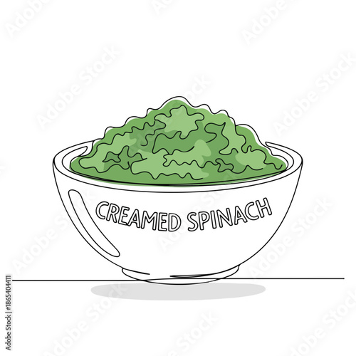 Creamed spinach in simple white bowl depicts creamy green vegetable mixture, smooth texture, ready to serve as delicious hearty side. Warm creamed spinach provides comforting winter food, cozy meal.